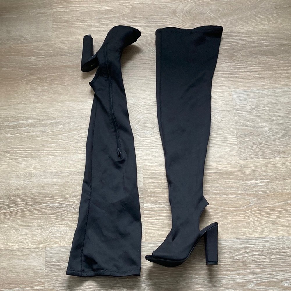 Black stretch fabric thigh high peep toe block heel sock boots